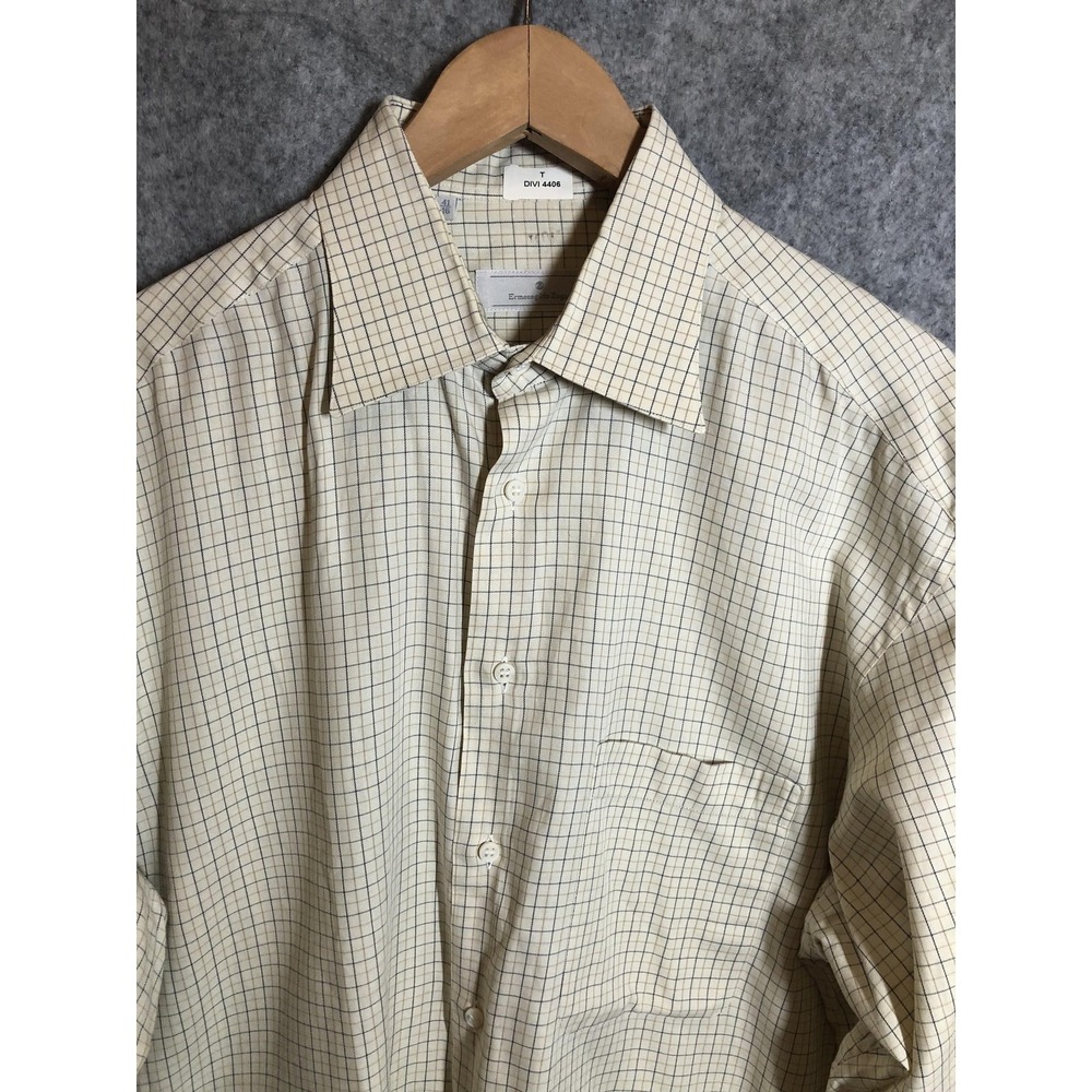 Ermenegildo Zegna Dress Shirt Mens 16 41 Cream Check Plaid Long Sleeve Button Up